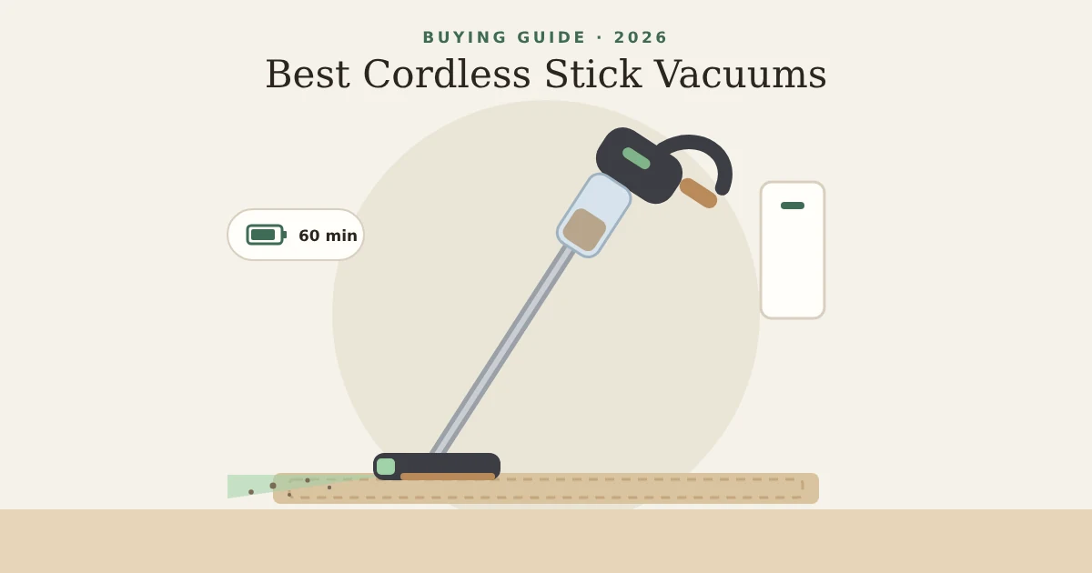 Illustration of a cordless stick vacuum cleaning a rug next to its wall dock