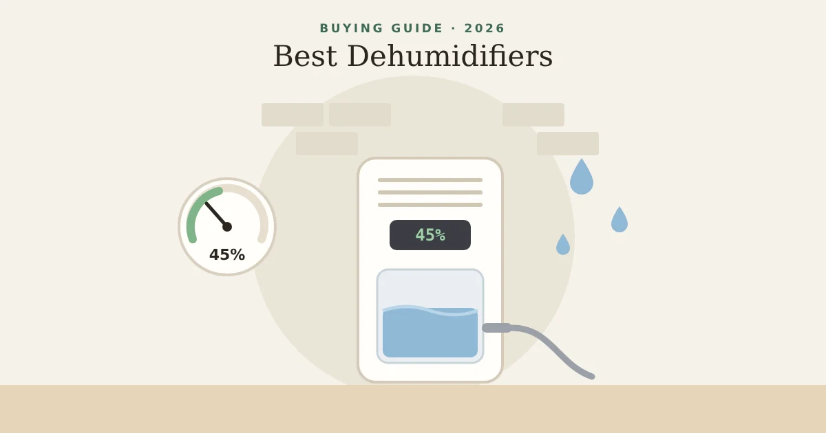 Illustration of a dehumidifier in a basement with a humidity gauge reading 45 percent