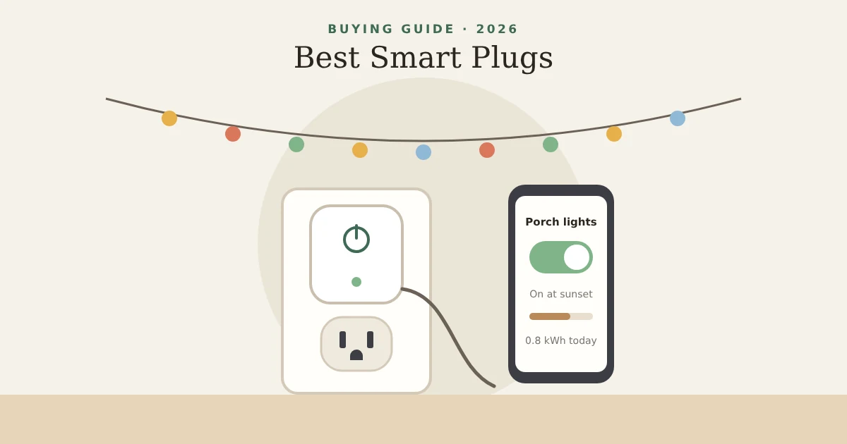 Illustration of a smart plug in a wall outlet controlled from a phone, with string lights