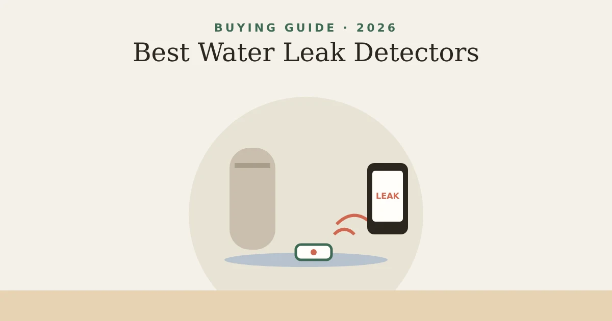 Illustration of a water leak sensor on the floor next to a water heater with a phone alert