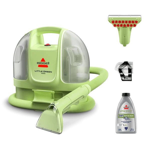BISSELL Little Green Mini portable cleaner with its attachments and cleaning formula