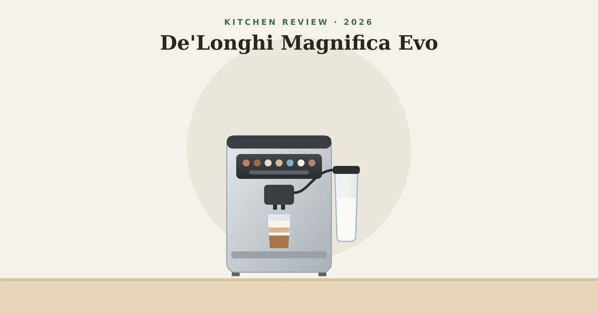 Illustration of the De'Longhi Magnifica Evo with its LatteCrema milk carafe and a latte macchiato