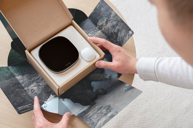 ecobee Smart Thermostat Premium and SmartSensor in their recyclable packaging