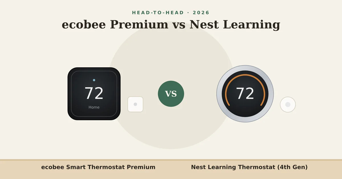 Illustration of the ecobee Smart Thermostat Premium and the Nest Learning Thermostat with their room sensors