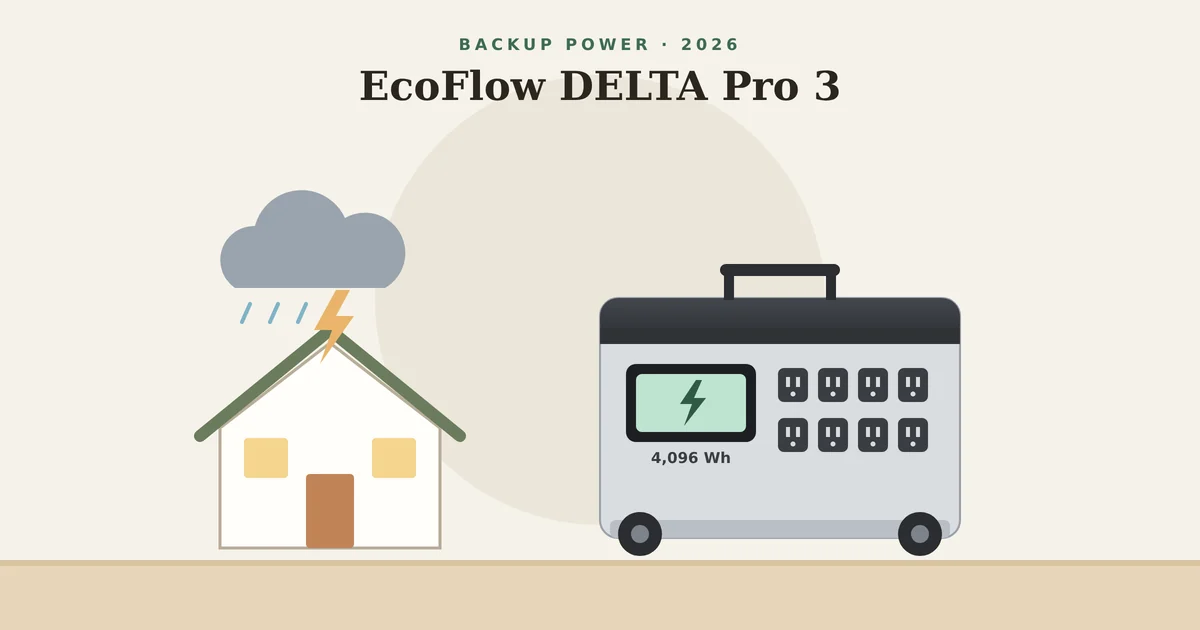 Illustration of the EcoFlow DELTA Pro 3 power station next to a house in a storm