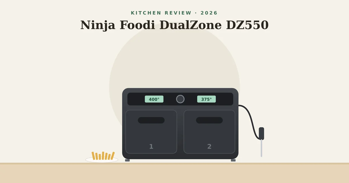 Illustration of the Ninja Foodi DualZone DZ550 with two baskets and its built-in thermometer