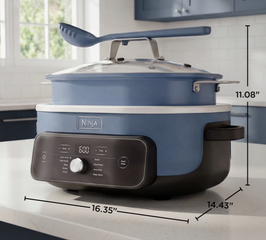 Ninja PossibleCooker on a kitchen counter with dimensions 16.35 by 14.43 by 11.08 inches