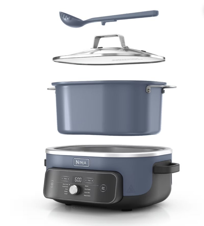 Ninja PossibleCooker parts: cooking base, ceramic pot, glass lid, and utensil