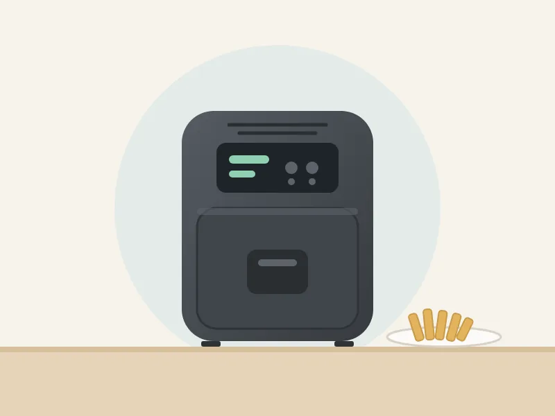 Illustration of a dark gray basket air fryer with a digital display and a plate of fries beside it