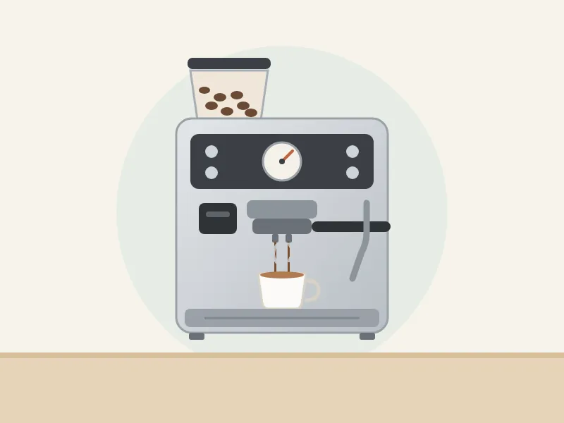 Illustration of an espresso machine with a bean hopper on top, a portafilter, a steam wand and a cup on the drip tray