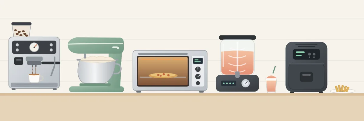 Illustration of five kitchen appliances on a counter: an espresso machine, a stand mixer, a countertop oven, a frozen drink maker and an air fryer