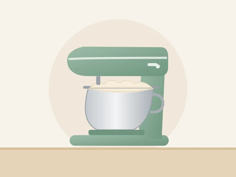 Illustration of a sage green tilt-head stand mixer with a stainless steel bowl