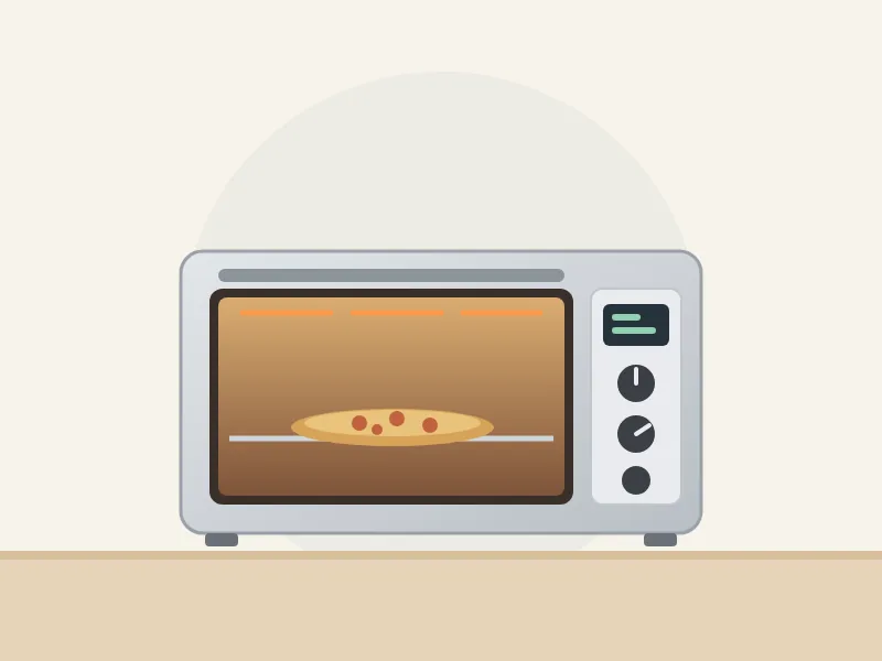 Illustration of a stainless steel countertop oven with a pizza inside, glowing heating elements and a control panel with knobs