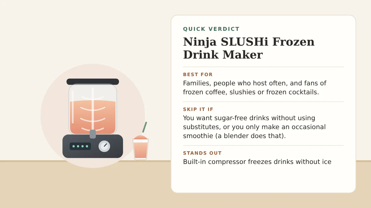 Quick verdict for the Ninja SLUSHi Frozen Drink Maker: who it is best for, who should skip it, and what stands out