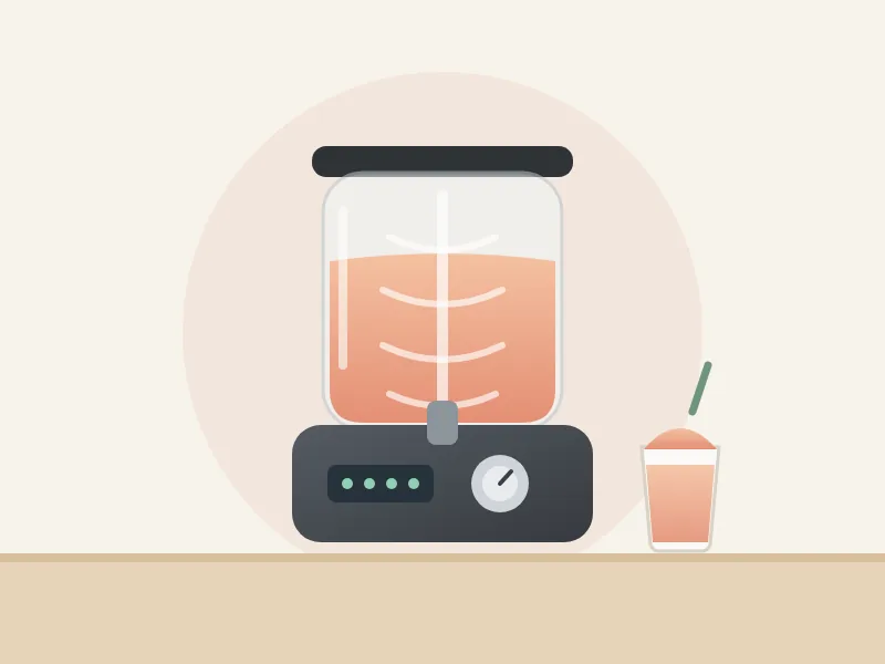 Illustration of a frozen drink maker with a clear vessel of peach-colored slush and a filled glass beside it
